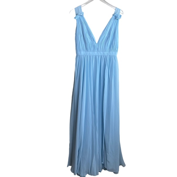 MAC DUGGAL | Powder Blue Grecian Gown Maxi Pleated Chiffon Sleeveless V Neck - Picture 2 of 6